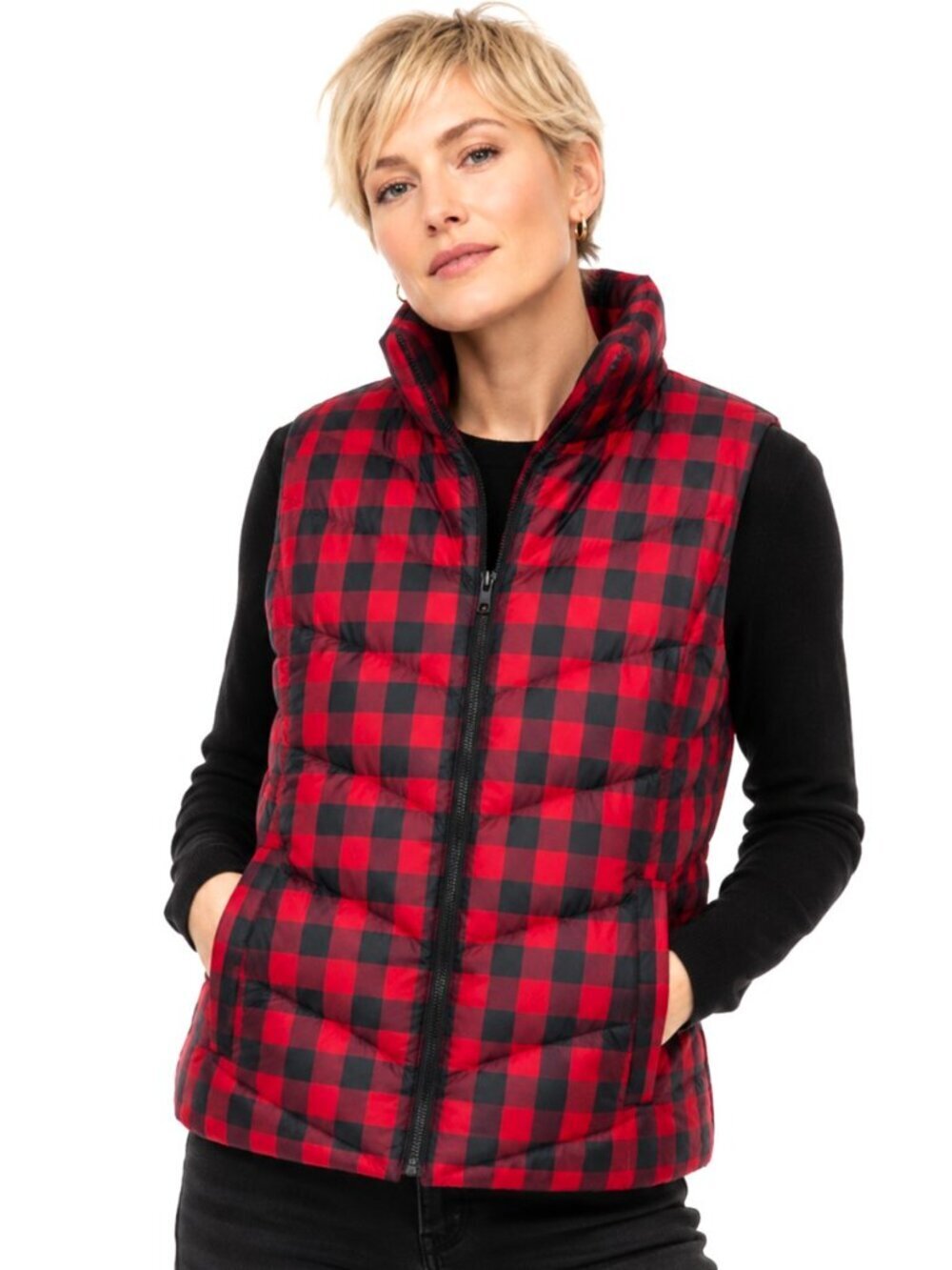 Lands End Navy Blue Red Buffalo Plaid Down Feather Puffer Vest